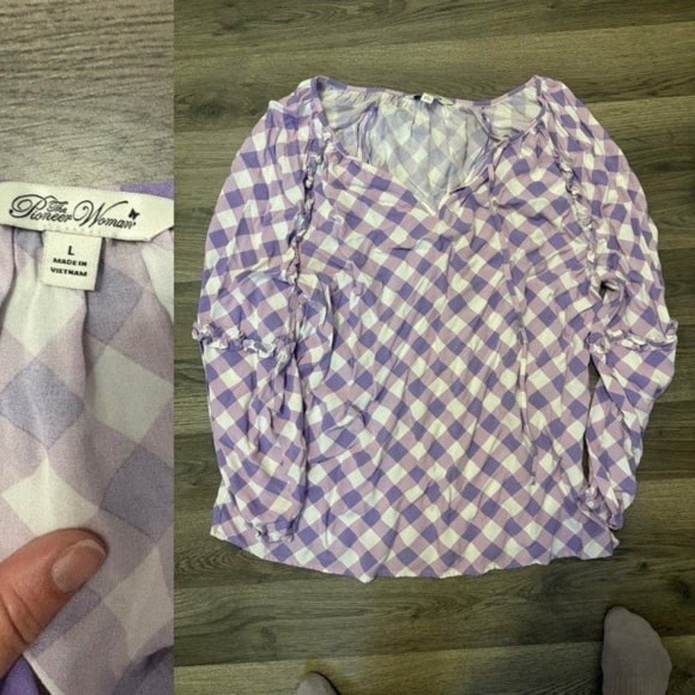 The Pioneer Woman Womens Size L Gingham Plaid Tunic Top Blouse Purple White